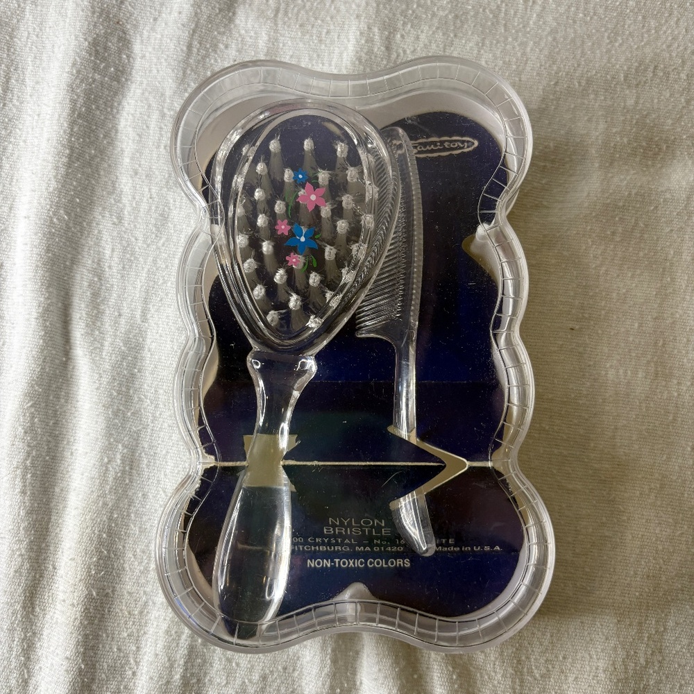 Vtg Sanitoy Childs Hairbrush & Comb Set Clear Pink/Blue Flower Orig Plastic Case